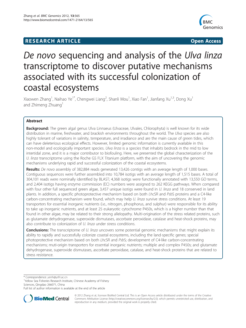 De Novo Sequencing and Analysis of the Ulva Linza Transcriptome To