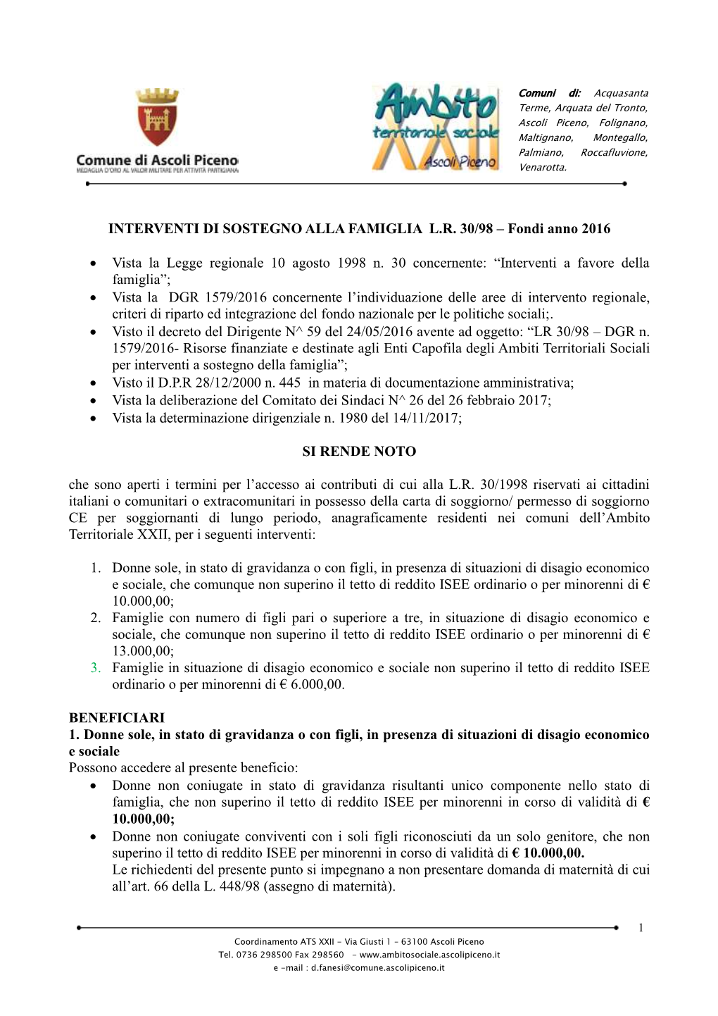 INTERVENTI DI SOSTEGNO ALLA FAMIGLIA L.R. 30/98 – Fondi Anno 2016