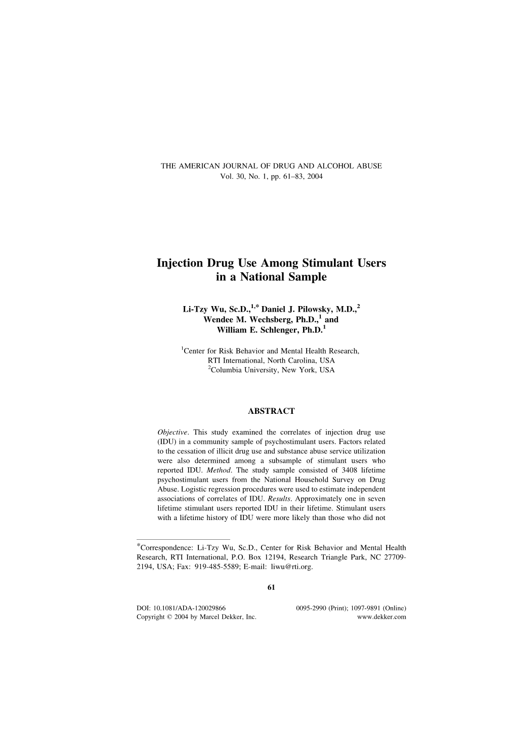 Injection Drug Use Among Stimulant Users in a National Sample