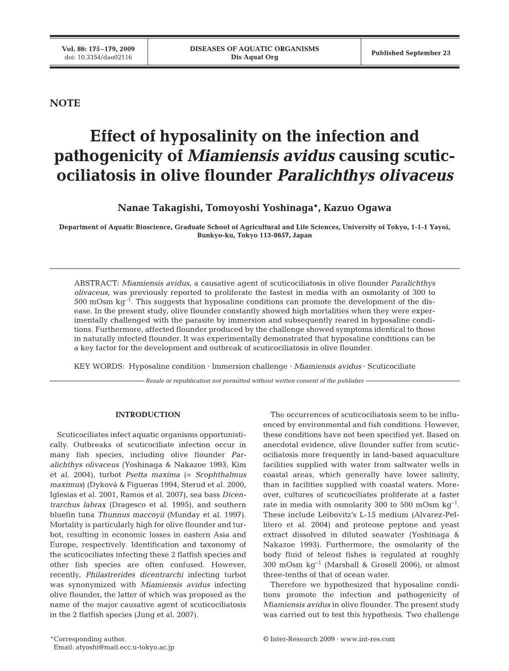Effect of Hyposalinity on the Infection and Pathogenicity of Miamiensis Avidus Causing Scutic- Ociliatosis in Olive Flounder Paralichthys Olivaceus
