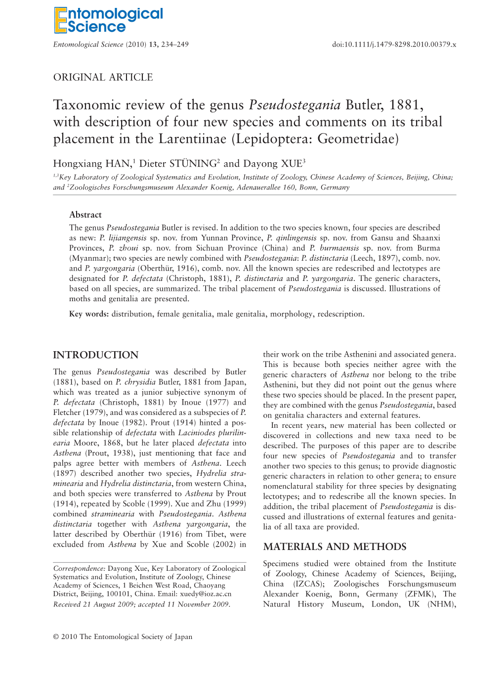 Taxonomic Review of the Genus Pseudostegania Butler, 1881, with Description of Four New Species and Comments on Its Tribal