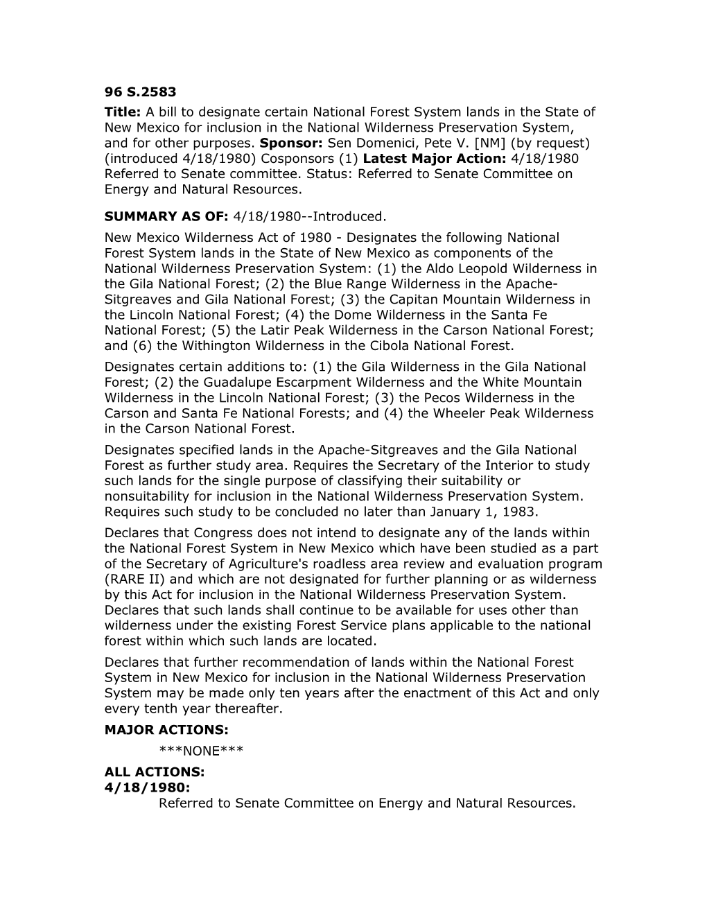 96 S.2583 Title: a Bill to Designate Certain National Forest System Lands in the State of New Mexico for Inclusion in the Natio