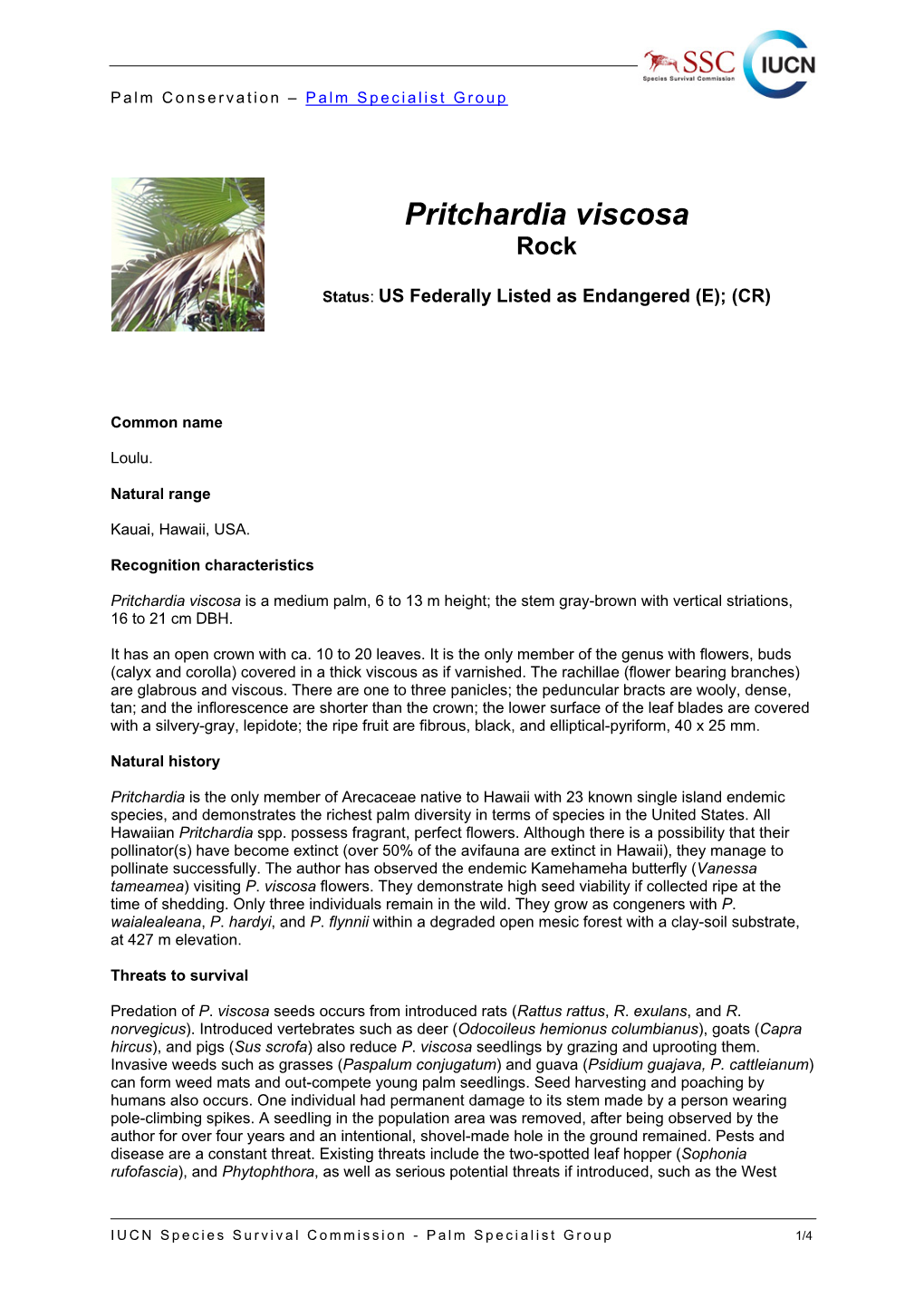 Pritchardia Viscosa Conservation Fact Sheet