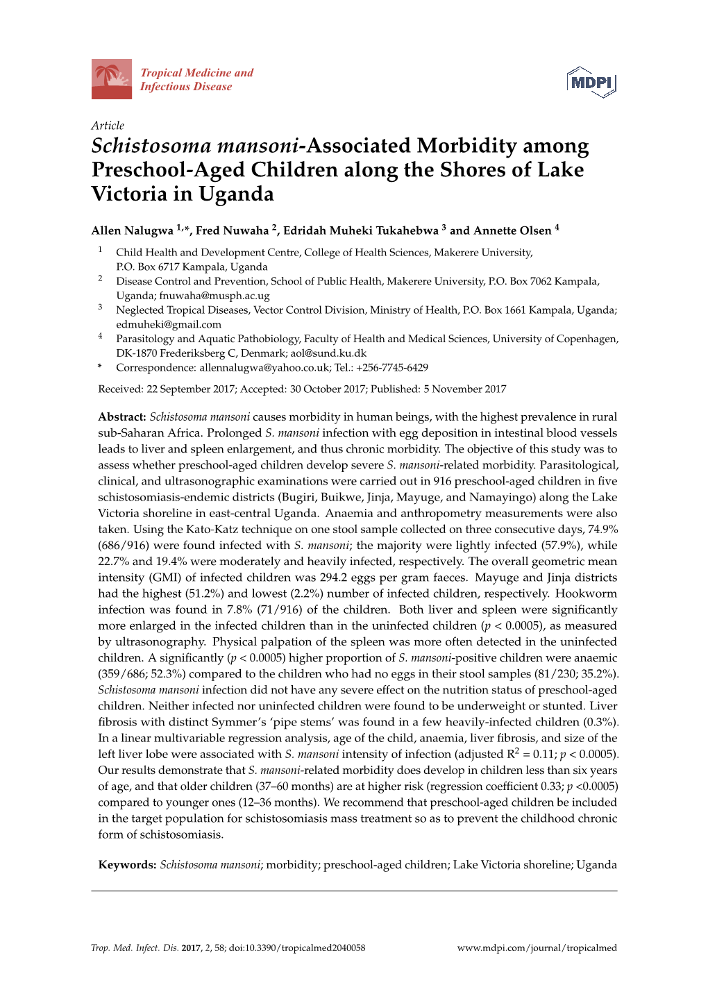Schistosoma Mansoni-Associated Morbidity Among Preschool-Aged Children Along the Shores of Lake Victoria in Uganda