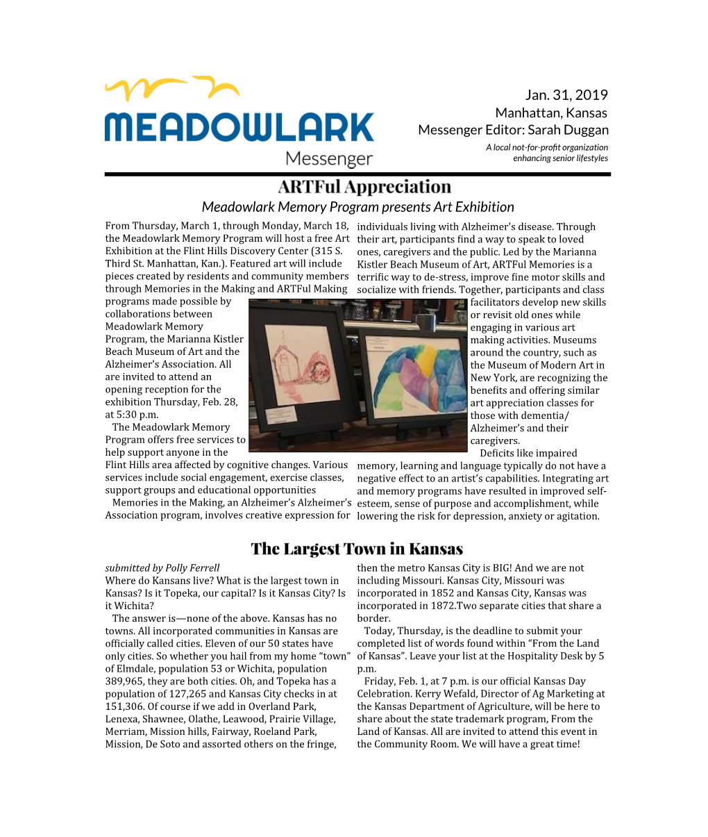 Jan. 31, 2019 Meadowlark Memory Program Presents Art Exhibition