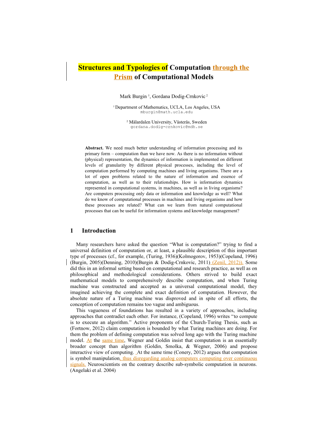 Structures and Typologies of Computation Through the Prism of Computational Models