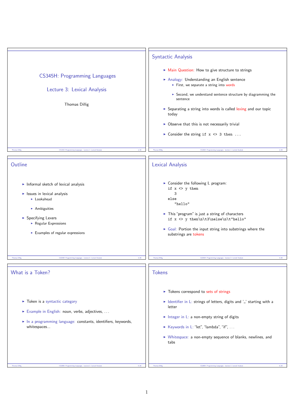 CS345H: Programming Languages Lecture 3: Lexical Analysis 1/38 Thomas Dillig, CS345H: Programming Languages Lecture 3: Lexical Analysis 2/38