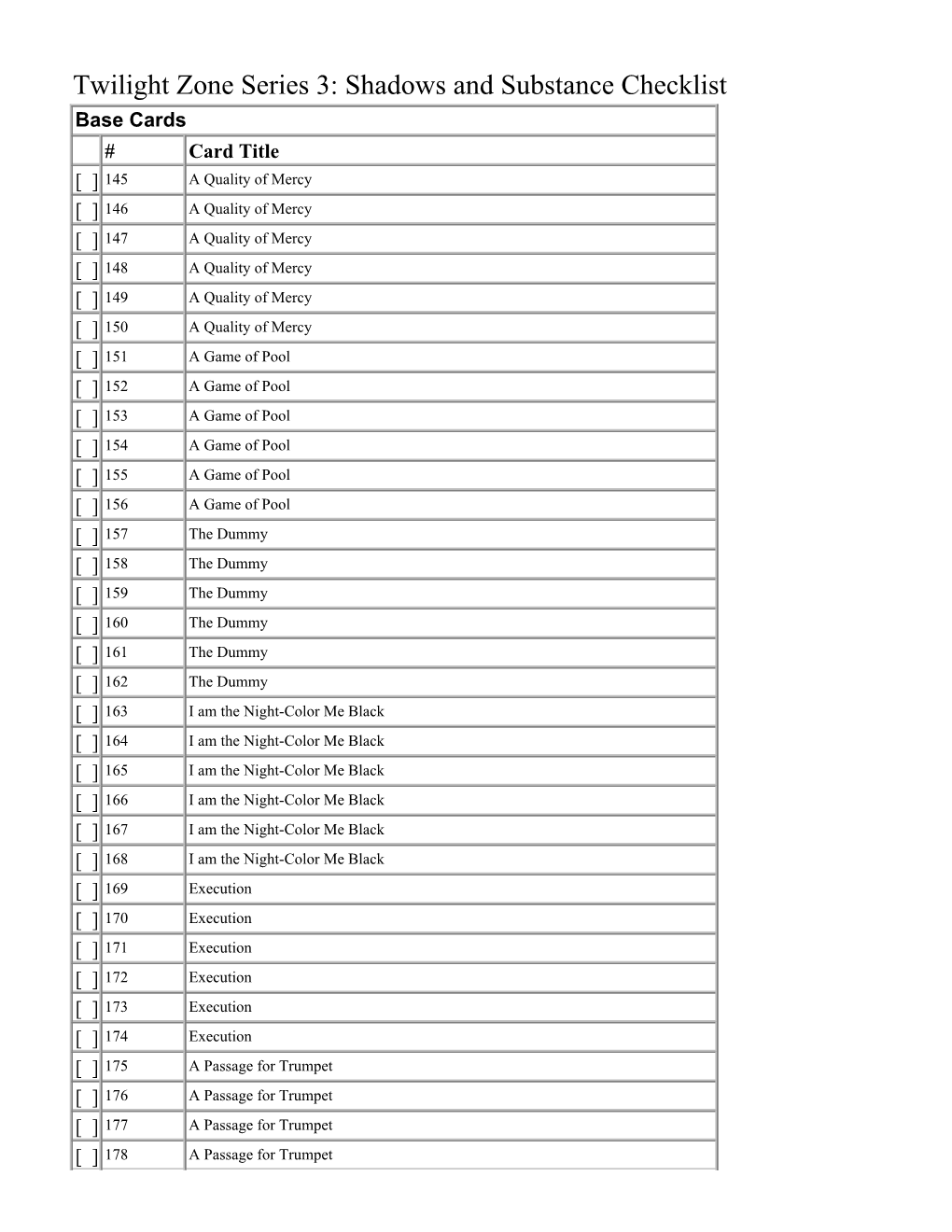 Twilight Zone Series 3: Shadows and Substance Checklist