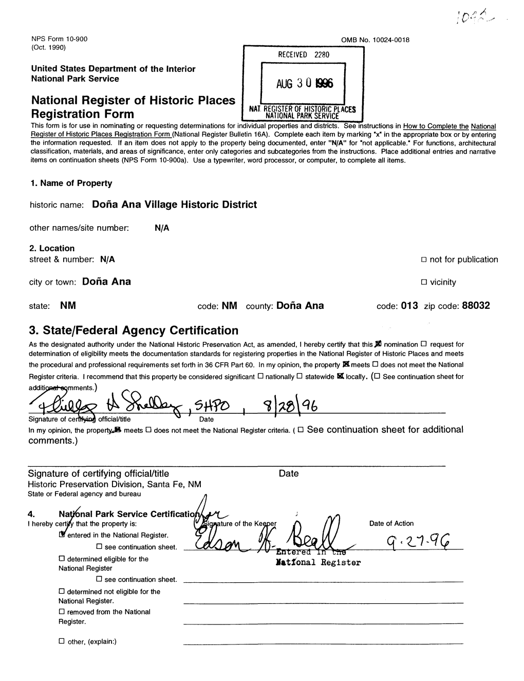 AUG 3 0 896 National Register of Historic Places Registration Form __ 3. State/Federal Agency Certification