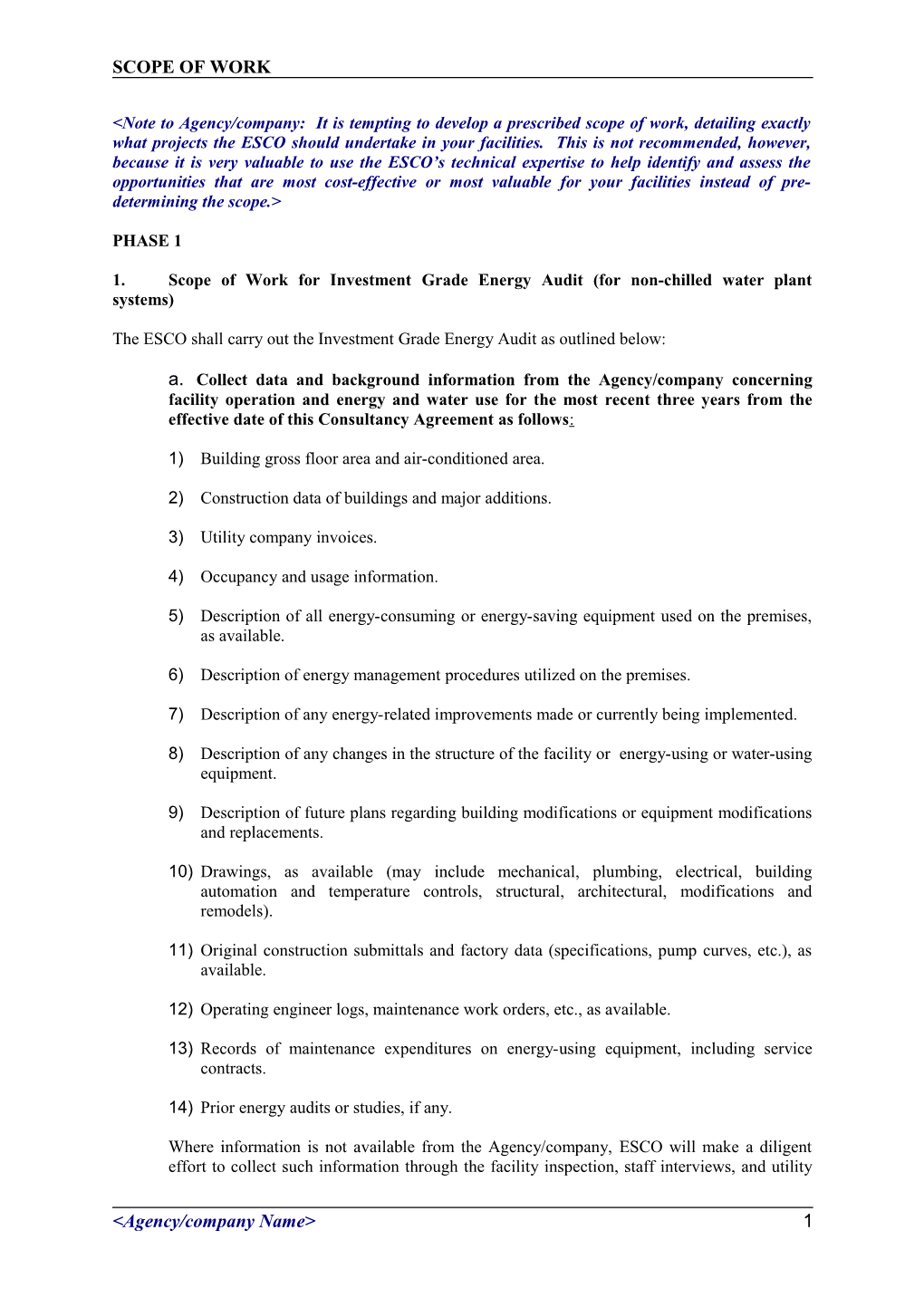 1. Scope of Work for Investment Grade Energy Audit (For Non-Chilled Water Plant Systems)