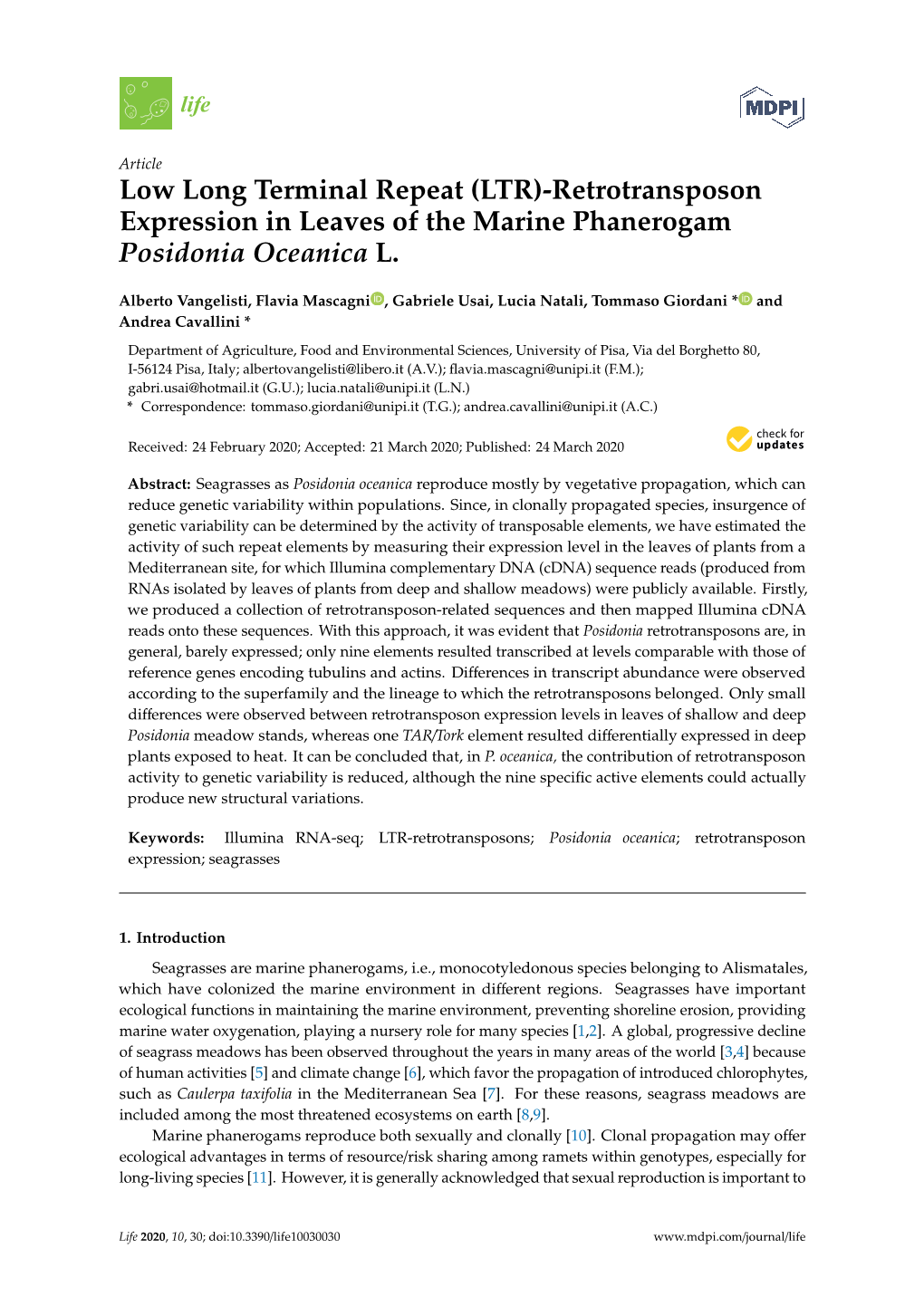 Low Long Terminal Repeat (LTR)-Retrotransposon Expression in Leaves of the Marine Phanerogam Posidonia Oceanica L