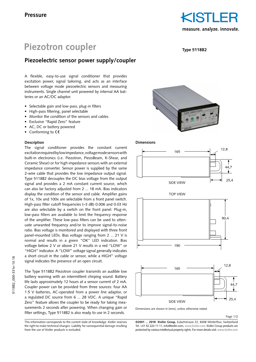 Piezotron Coupler Type 5118B2 Piezoelectric Sensor Power Supply/Coupler