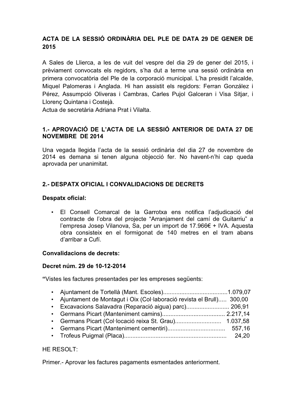 Acta De La Sessió Ordinària Del Ple De Data 29 De Gener De 2015