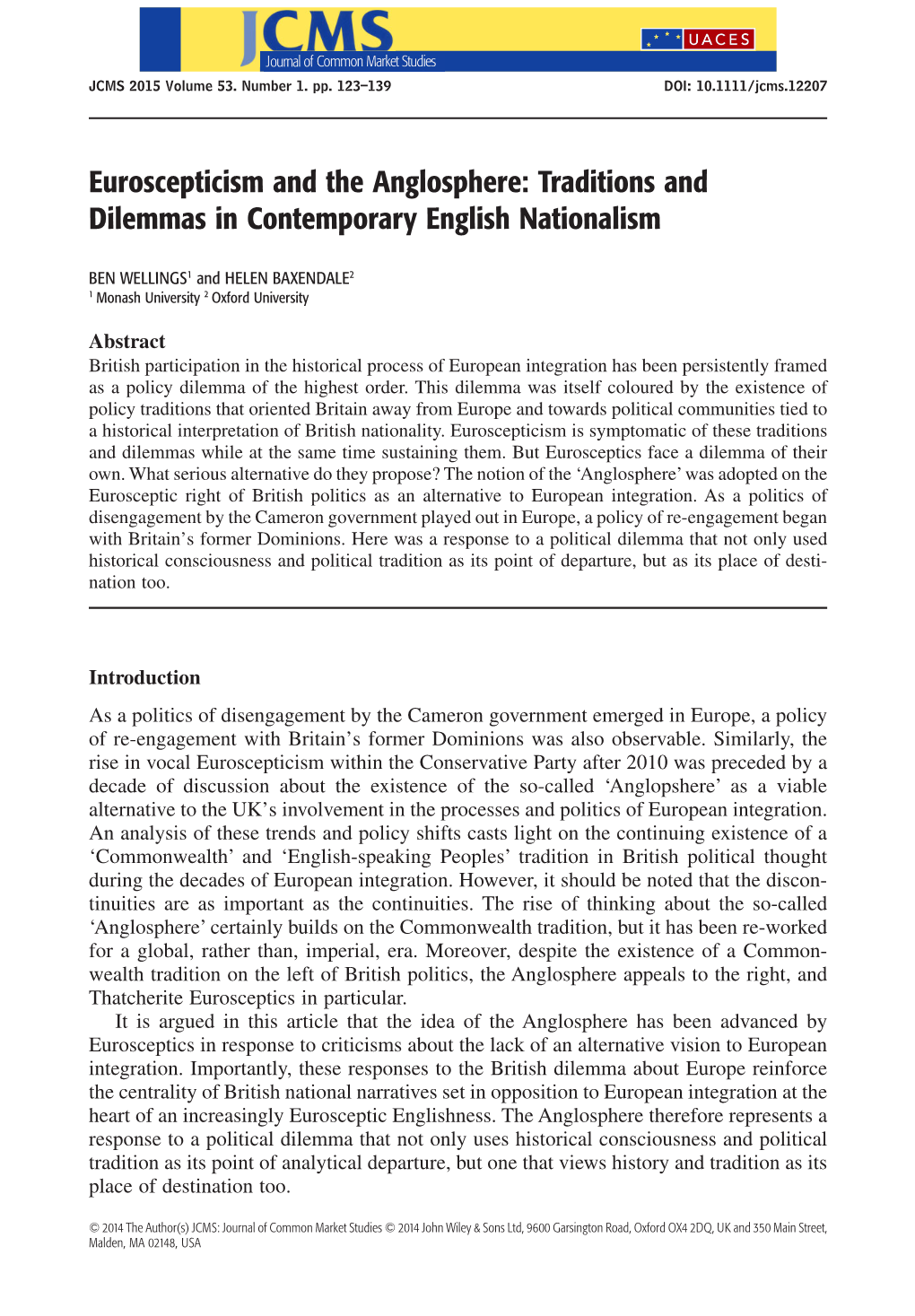 Euroscepticism and the Anglosphere: Traditions and Dilemmas in Contemporary English Nationalism