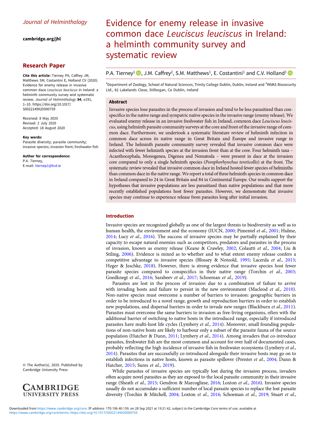 Evidence for Enemy Release in Invasive Common Dace Leuciscus Leuciscus in Ireland