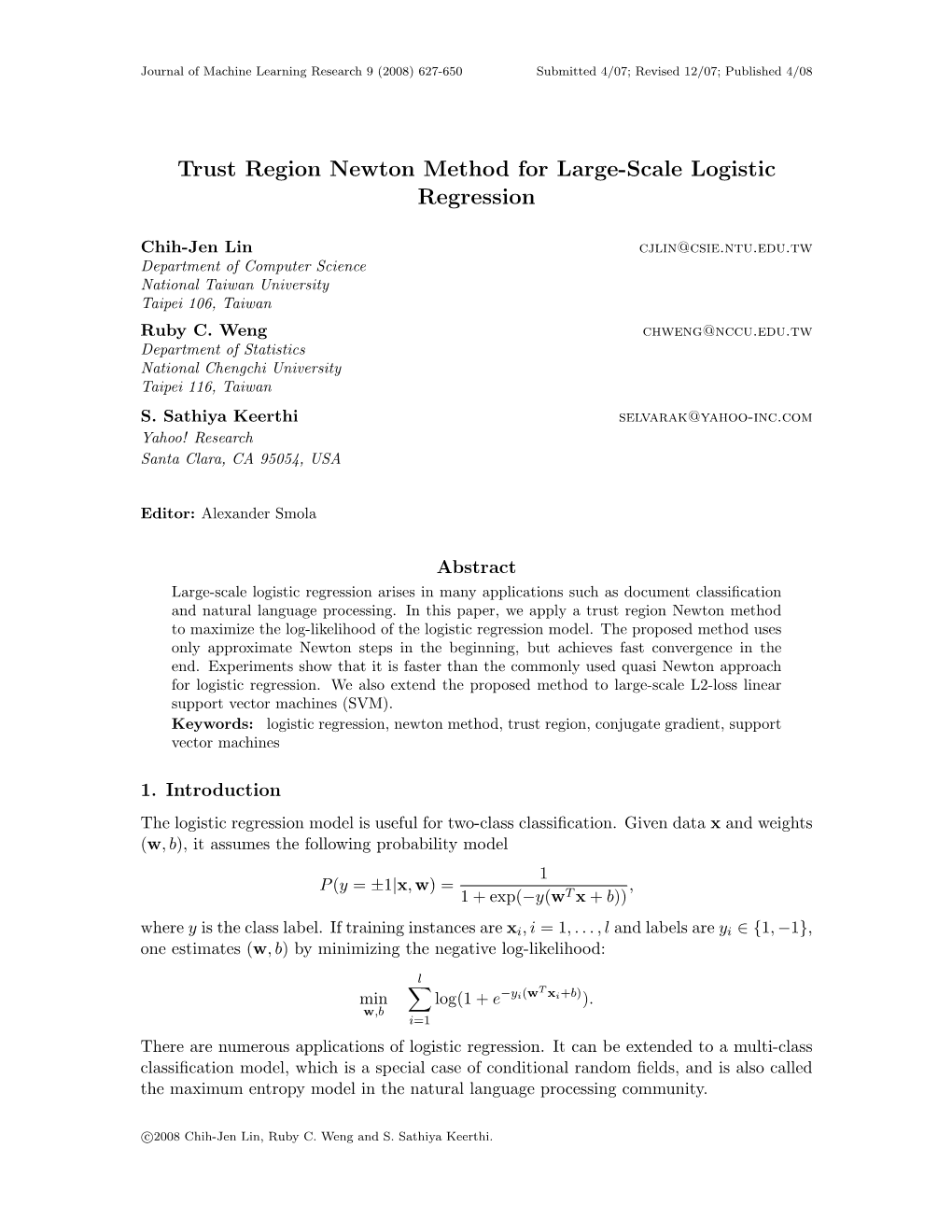 Trust Region Newton Method for Large-Scale Logistic Regression