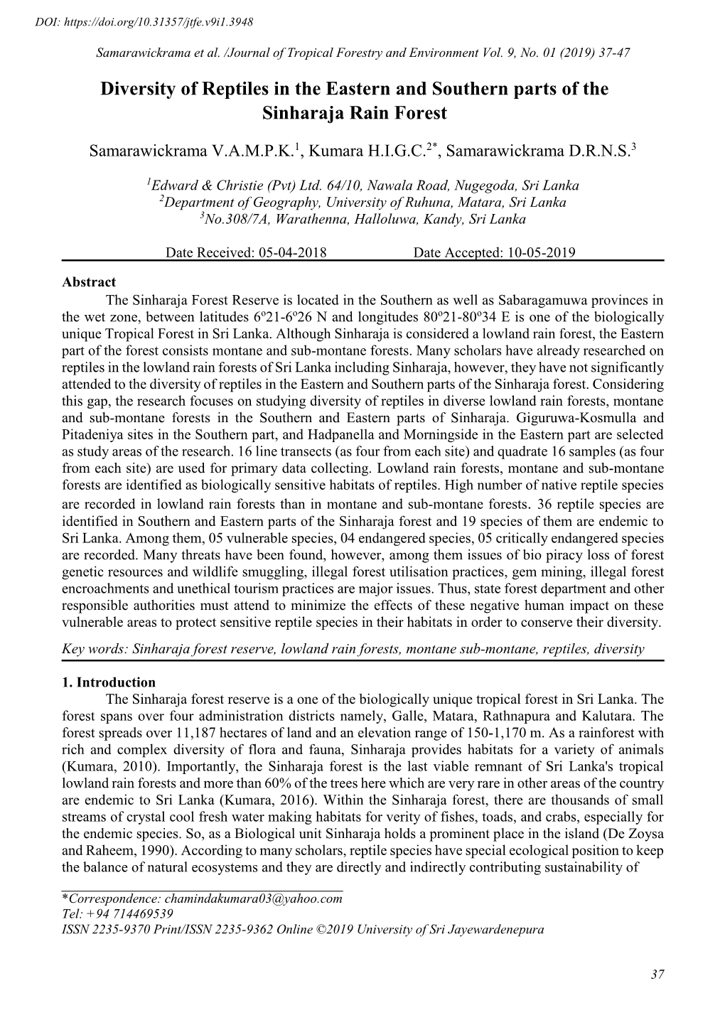 Diversity of Reptiles in the Eastern and Southern Parts of the Sinharaja Rain Forest