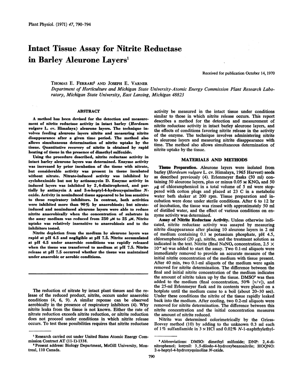 Intact Tissue Assay for Nitrite Reductase in Barley Aleurone Layers1