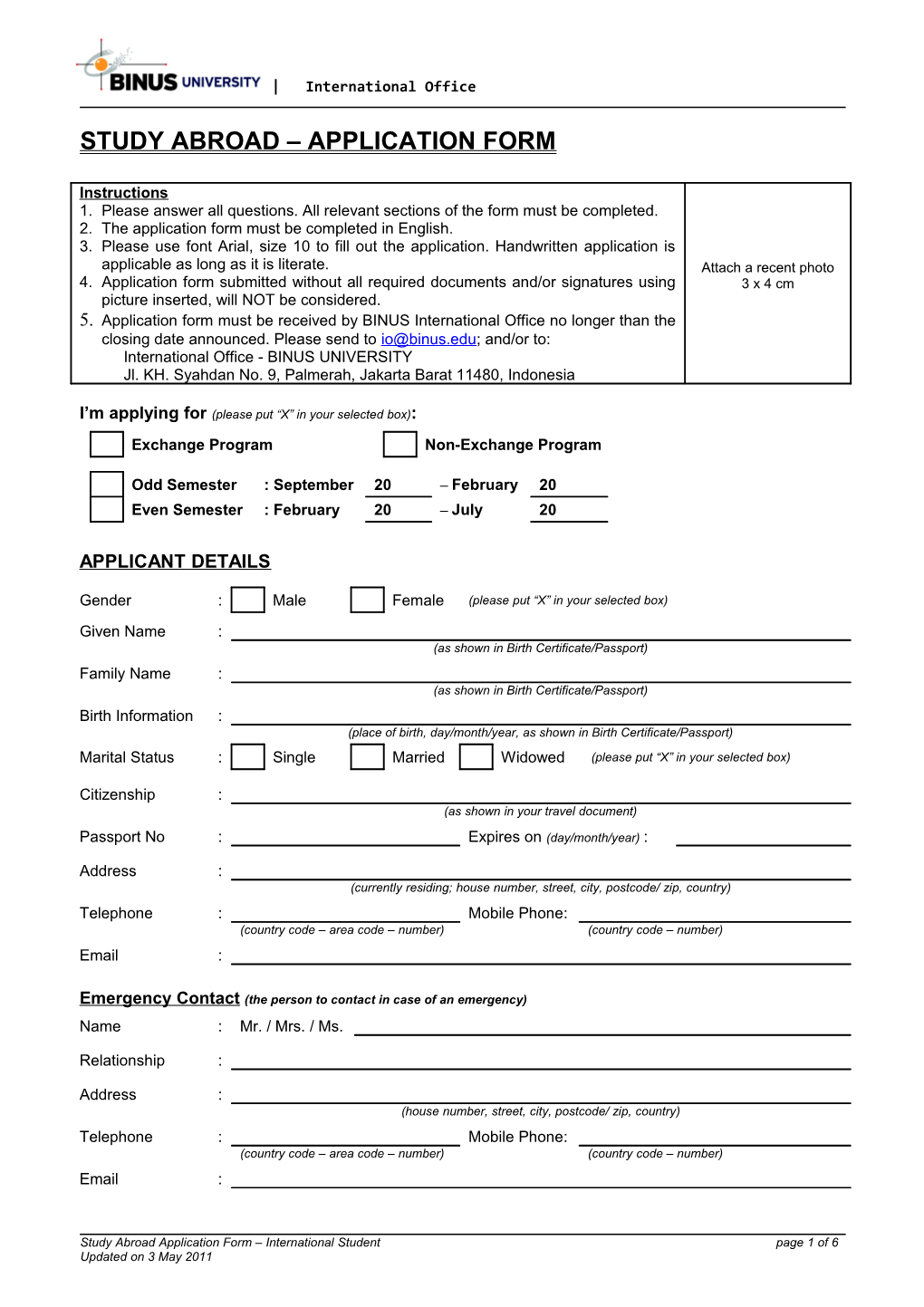 Student Exchange Application Form