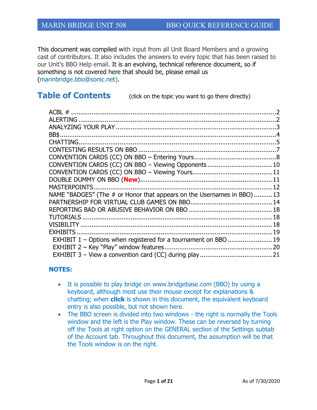 Marin Bridge Unit 508 Bbo Quick Reference Guide