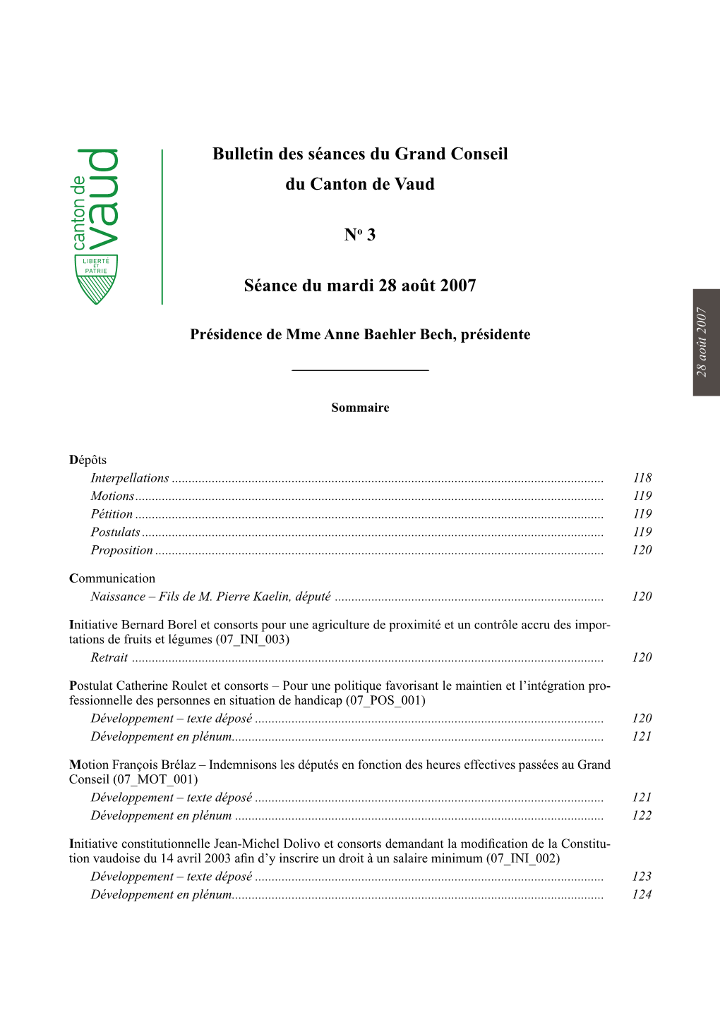 Bulletin Des Séances Du Grand Conseil Du Canton De Vaud