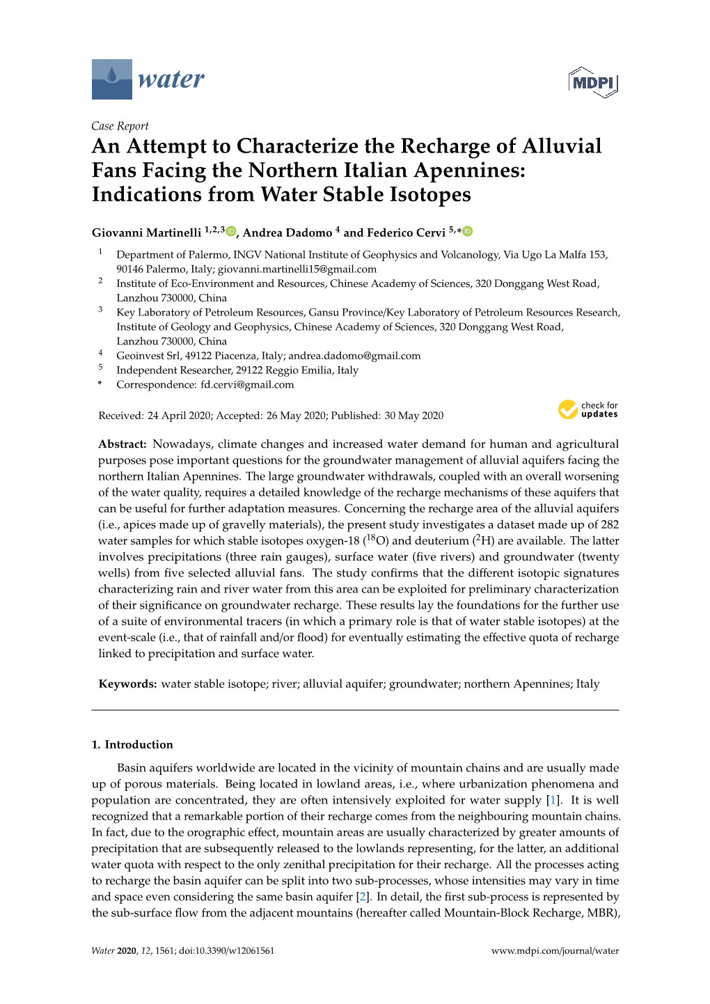 An Attempt to Characterize the Recharge of Alluvial Fans Facing the Northern Italian Apennines: Indications from Water Stable Isotopes