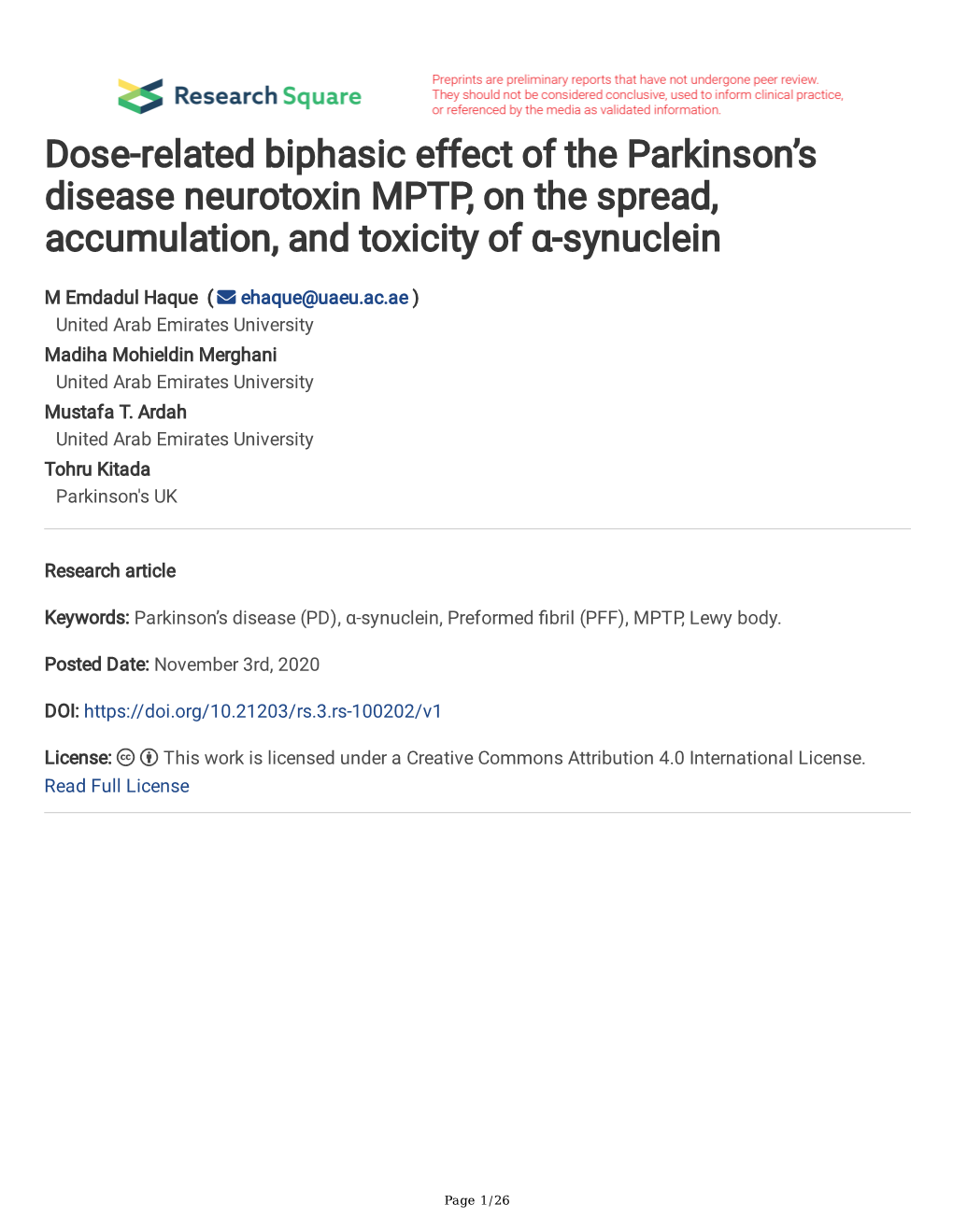 Dose-Related Biphasic Effect of the Parkinson's Disease Neurotoxin MPTP, on the Spread, Accumulation, and Toxicity of Α-Synuc