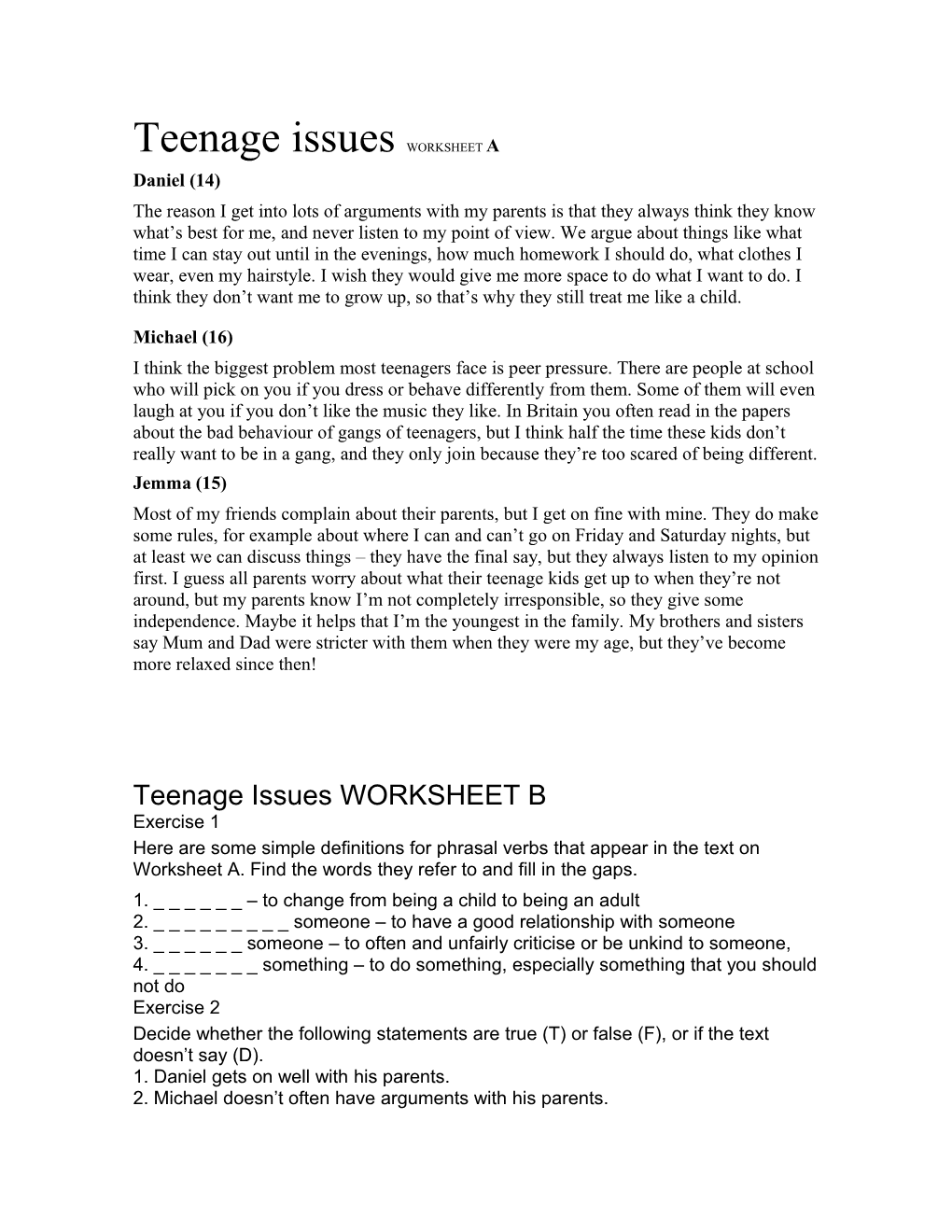 Teenage Issues WORKSHEET A