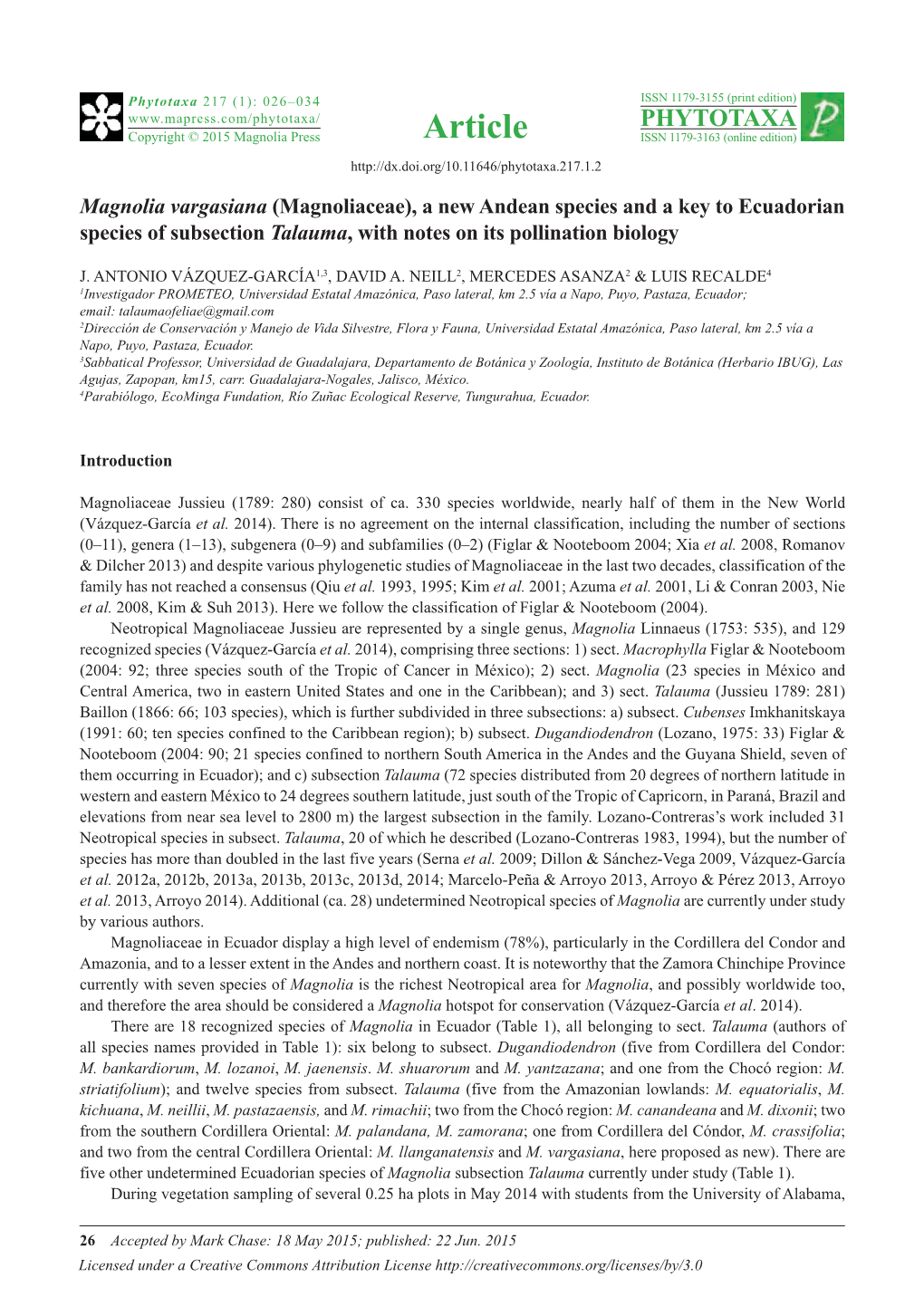 Magnolia Vargasiana (Magnoliaceae), a New Andean Species and a Key to Ecuadorian Species of Subsection Talauma, with Notes on Its Pollination Biology