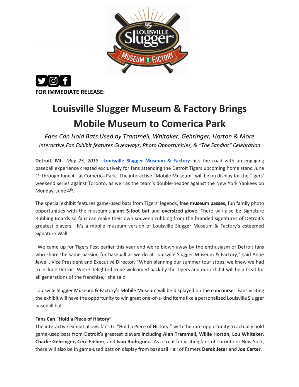 Louisville Slugger Museum & Factory Brings Mobile Museum to Comerica Park