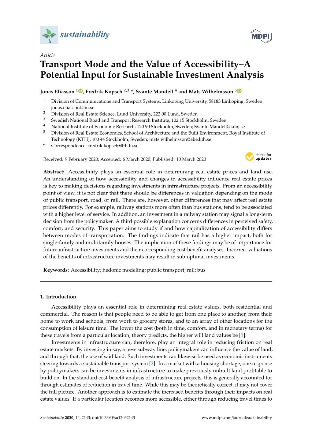 Transport Mode and the Value of Accessibility–A Potential Input for Sustainable Investment Analysis