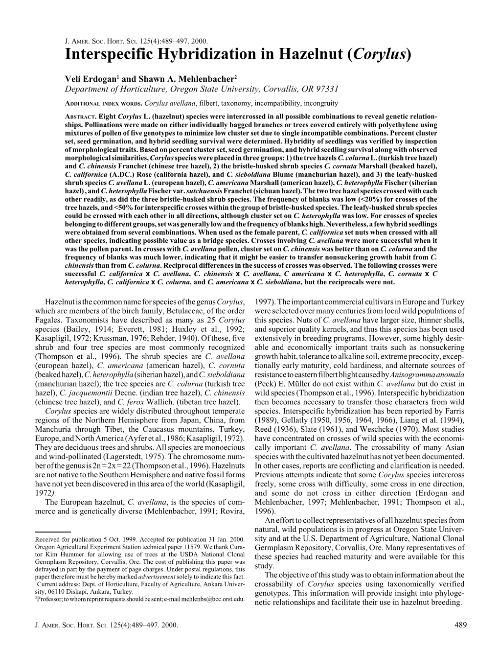 Interspecific Hybridization in Hazelnut (Corylus)