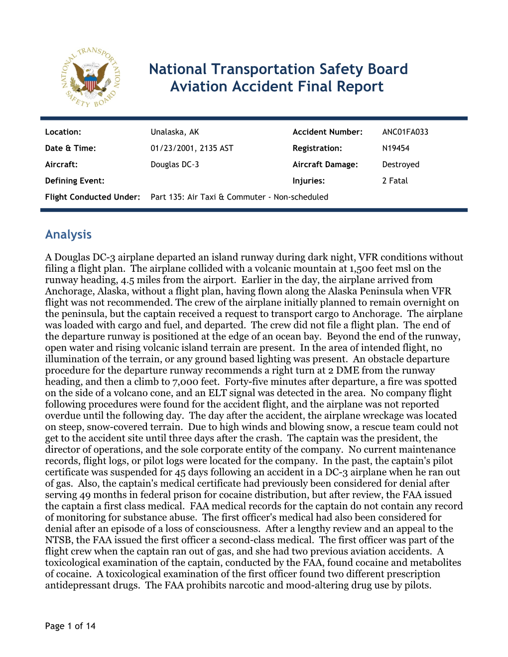 National Transportation Safety Board Aviation Accident Final Report