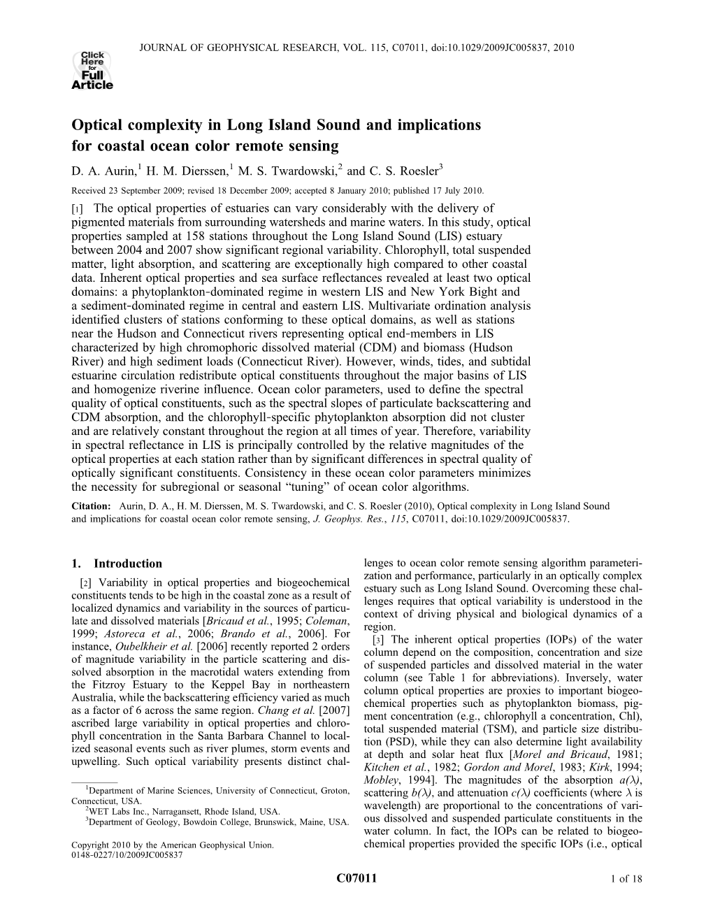 Optical Complexity in Long Island Sound and Implications for Coastal Ocean Color Remote Sensing D