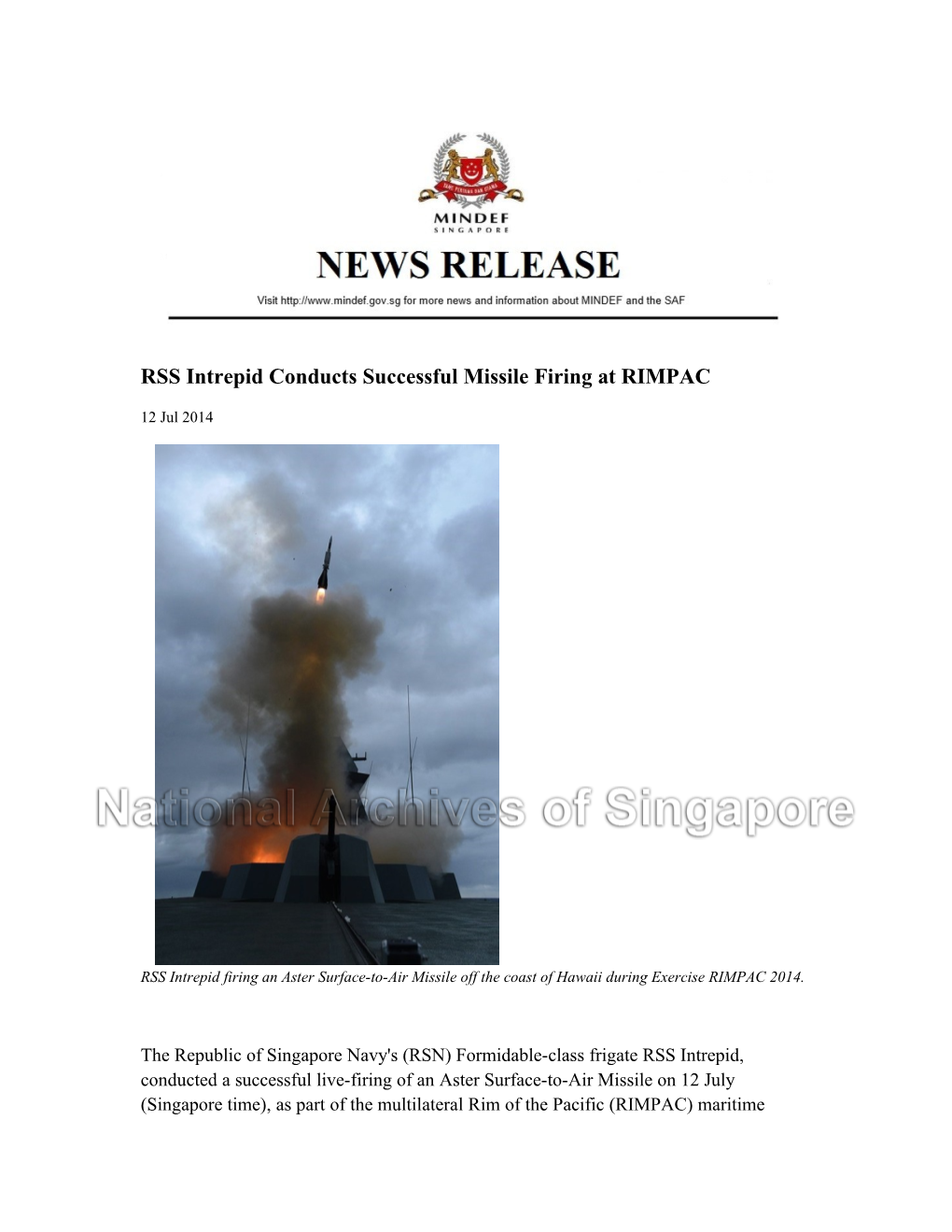 RSS Intrepid Conducts Successful Missile Firing at RIMPAC