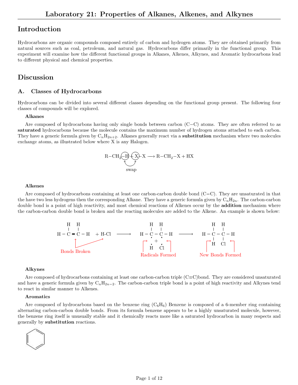 Laboratory 21: Properties of Alkanes, Alkenes, and Alkynes Introduction Discussion