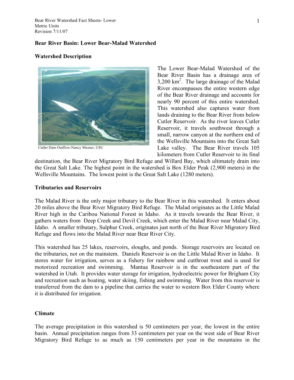 1 Bear River Basin: Lower Bear-Malad Watershed Watershed Description the Lower Bear-Malad Watershed of the Bear River Basin