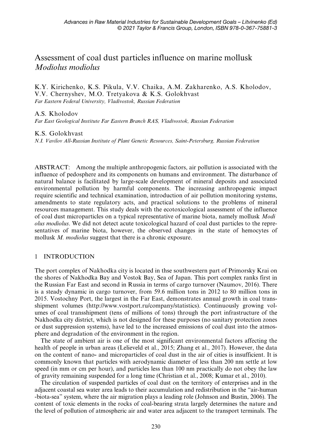 Assessment of Coal Dust Particles Influence on Marine Mollusk Modiolus Modiolus