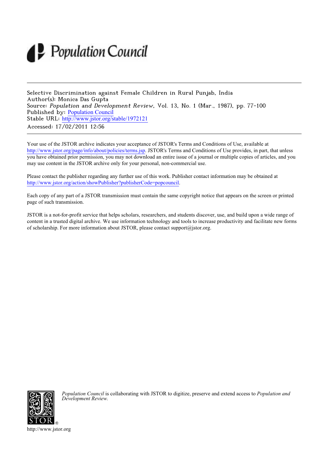 Selective Discrimination Against Female Children in Rural Punjab, India Author(S): Monica Das Gupta Source: Population and Development Review, Vol