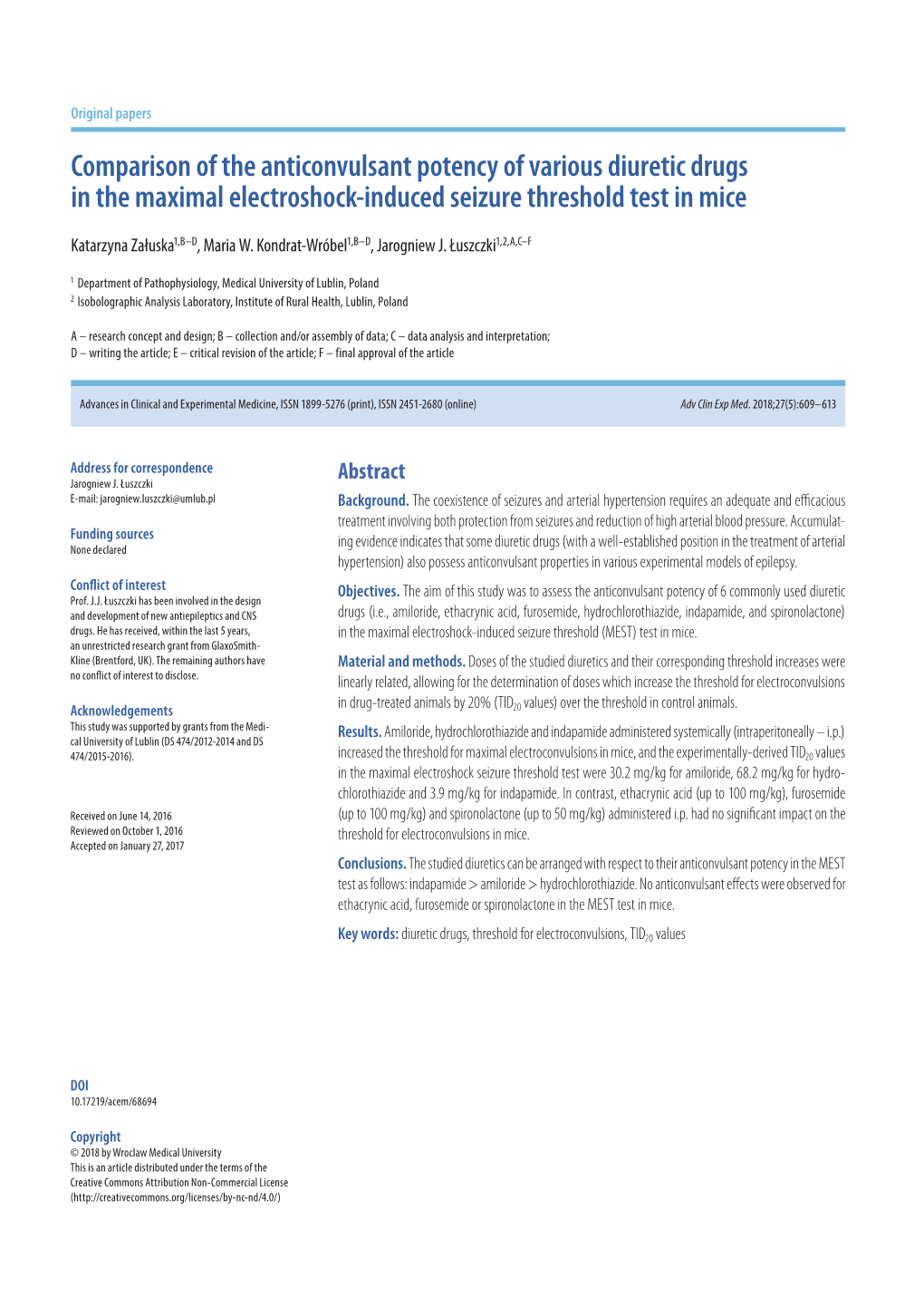 Comparison of the Anticonvulsant Potency of Various Diuretic Drugs in the Maximal Electroshock-Induced Seizure Threshold Test in Mice