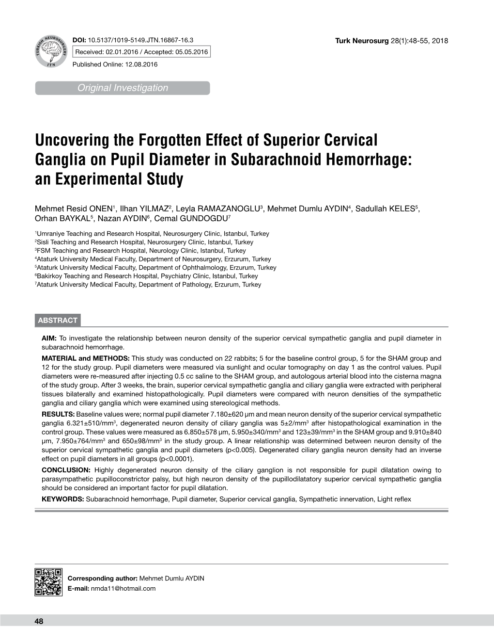 Uncovering the Forgotten Effect of Superior Cervical Ganglia on Pupil Diameter in Subarachnoid Hemorrhage: an Experimental Study