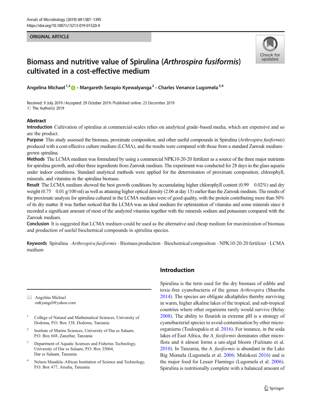 Biomass and Nutritive Value of Spirulina (Arthrospira Fusiformis) Cultivated in a Cost-Effective Medium
