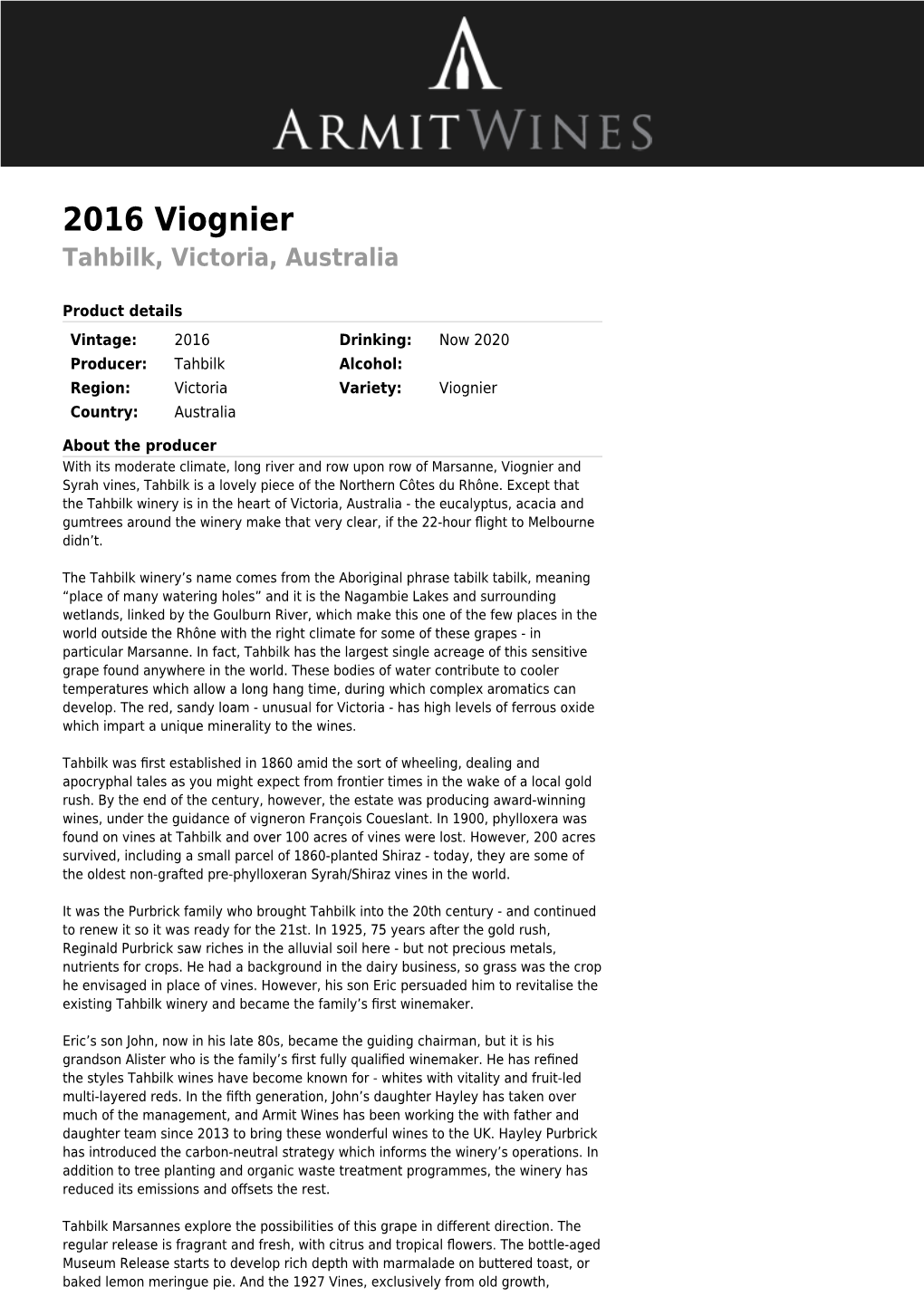 2016 Viognier Tahbilk, Victoria, Australia