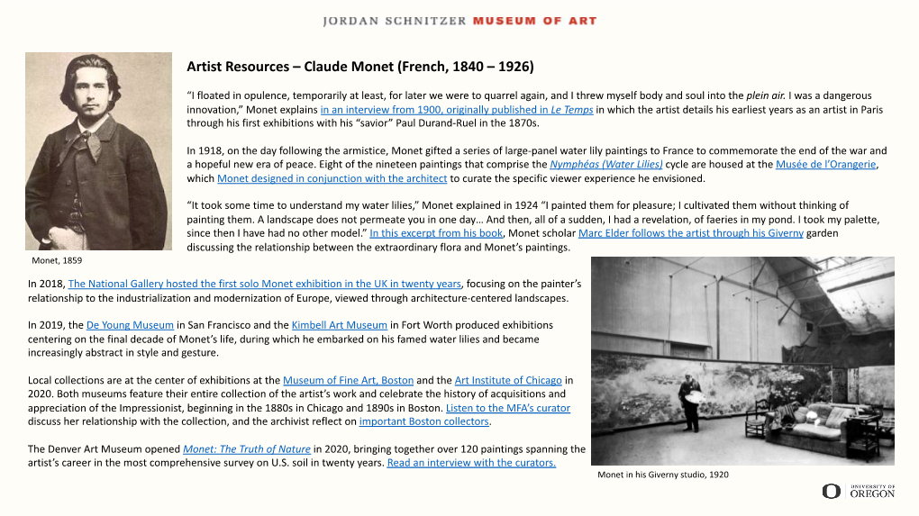 Artist Resources – Claude Monet (French, 1840 – 1926)