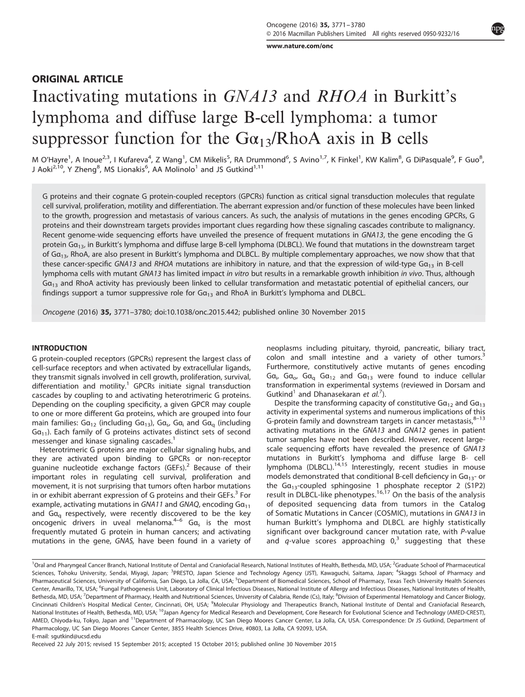 Inactivating Mutations in GNA13 and RHOA in Burkitt&Rsquo;S Lymphoma and Diffuse Large B-Cell Lymphoma: a Tumor Suppressor F