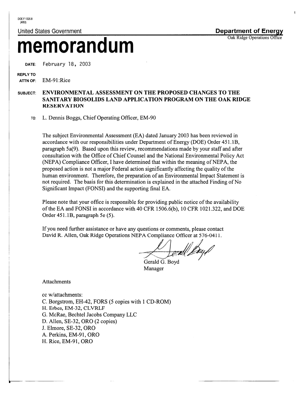 Environmental Assessment Proposed Changes to the Sanitary Biosolids Land Application Program on the Oak Ridge Reservation Oak Ridge, Tennessee