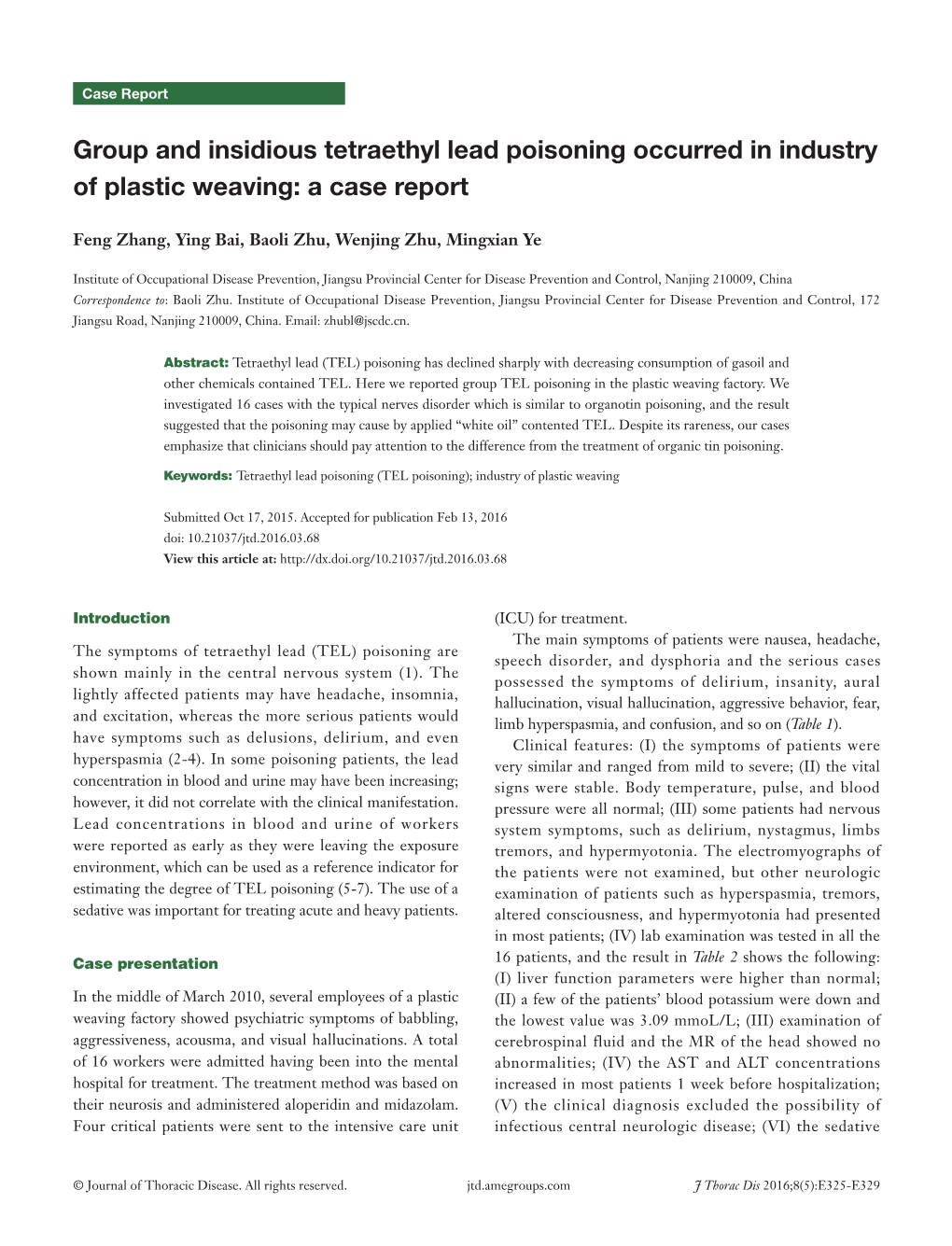 Group and Insidious Tetraethyl Lead Poisoning Occurred in Industry of Plastic Weaving: a Case Report