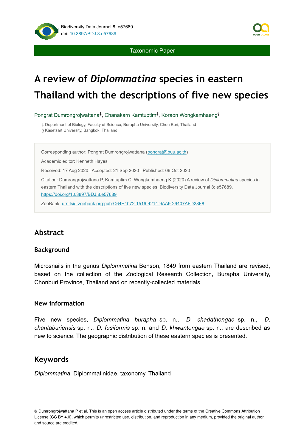 A Review of Diplommatina Species in Eastern Thailand with the Descriptions of Five New Species