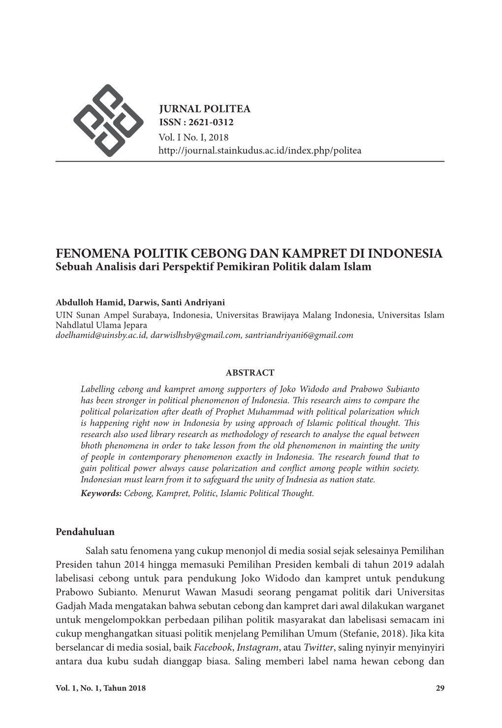 Fenomena Politik Cebong Dan Kampret Di Indonesia Sebuah Analisis Dari Perspektif Pemikiran Politik Dalam Islam