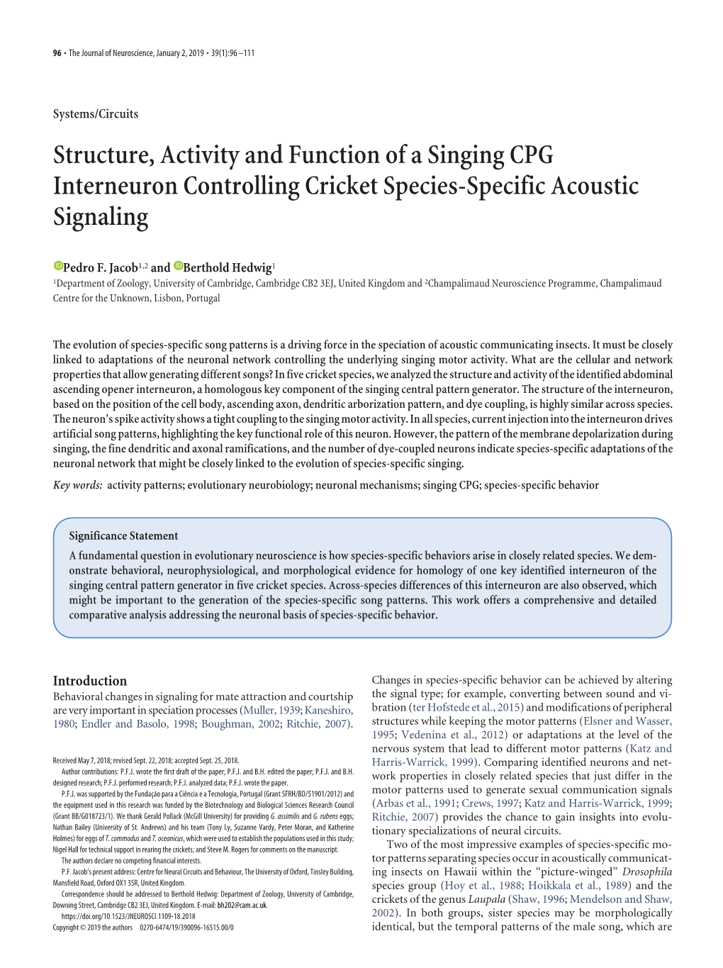 Structure, Activity and Function of a Singing CPG Interneuron Controlling Cricket Species-Specific Acoustic Signaling